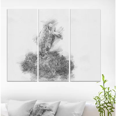 'Black and White Vulture Pencil Sketch' Oil Painting Print Multi-Piece Image on Wrapped Canvas