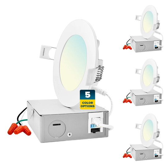 Sunperian 4 inch Ultra-Thin LED Recessed Light J-Box 5 Color Options 10W 750 Lumens Dimmable Wet Rated ETL 4 Pack