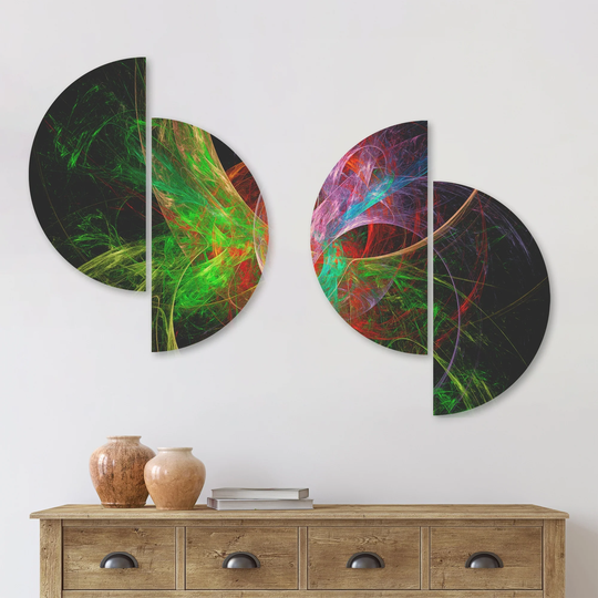 Designart 'Multi Color Fractal Abstract Design' Abstract Wood Wall Art Set of 4 Half Circles - Multi-Color