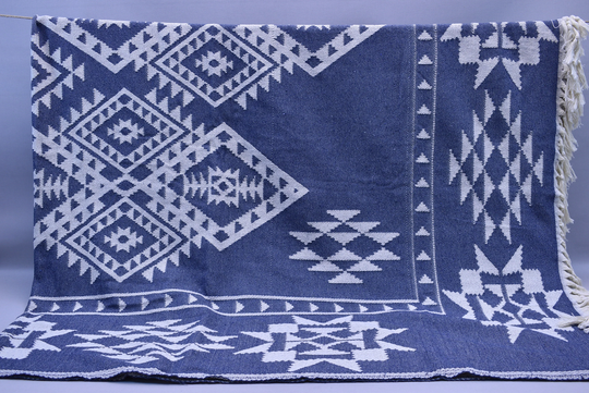 Sofa Blanket, Bed Turkish Throws, Organic Cotton Cover 80 X 96 Inch Cozy Navy Kilim Pique