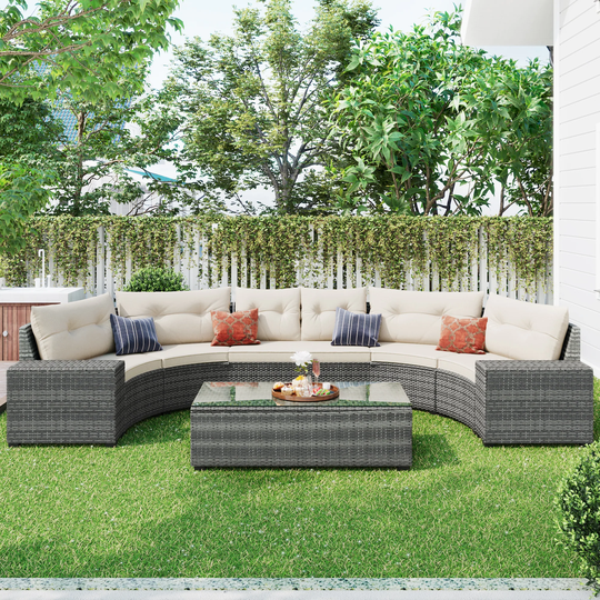 8-pieces Outdoor Wicker Round Sofa Set Movable Cushion