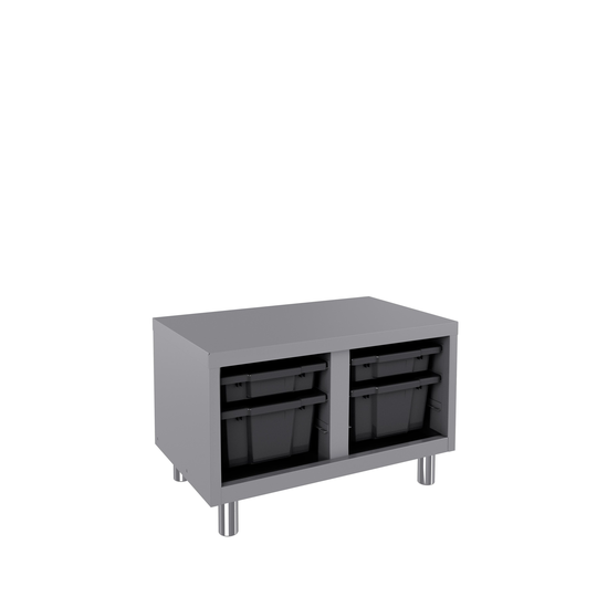 Space Solutions Bin Storage Bench with 4 plastic tote bins, 19x30x18, Platinum/Graphite