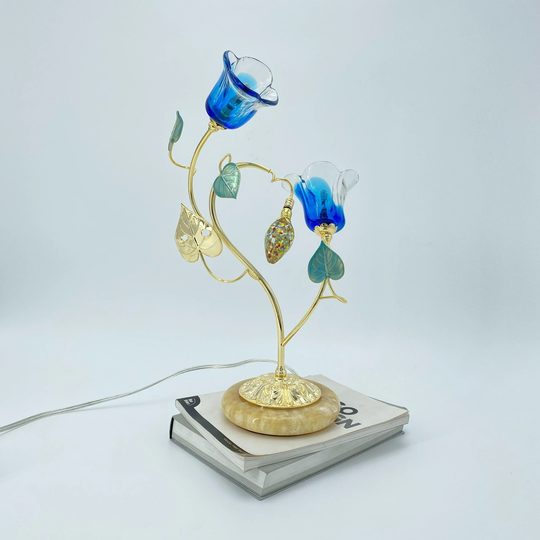 Blue Table Lamp - Mid Century Desk With Floral Glass Shades & Jade Stone Base Brass Made Art Nouveau Cute Home Decor