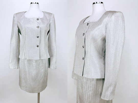 Vintage 80S-90S Silver Formal Pencil Skirt Suit W Metallic Striped Stitching & Jeweled Off Center Buttons By Gantos Medium | Wedding, Bridal