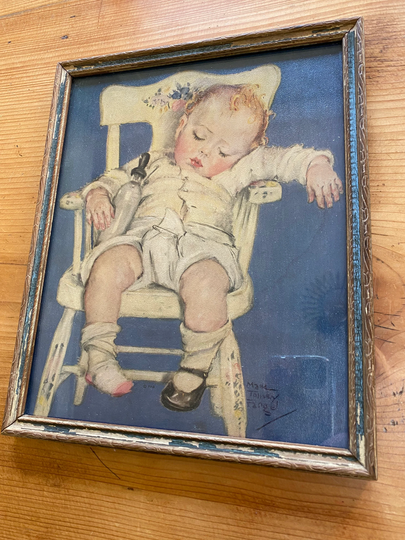 Sleeping Baby in Rocking Chair Vintage Framed Print Bymaud Tollsey Fangel