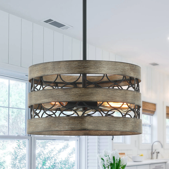 Rustic 3-Light Hood Metal Drum Hanging Pendant Lights