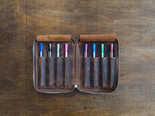 Genuine Leather Handmade 8-Slot Pen Case, Zippered Pencil Pouch, Fountain Tobacco