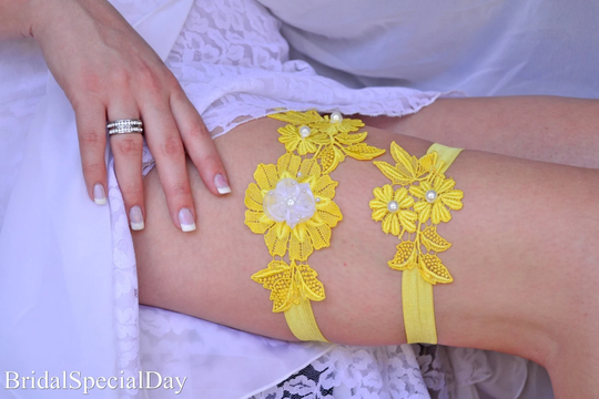 Yellow Wedding Garter Lace Garter, Bridal Set Set, Handmade White, Gifts Sets