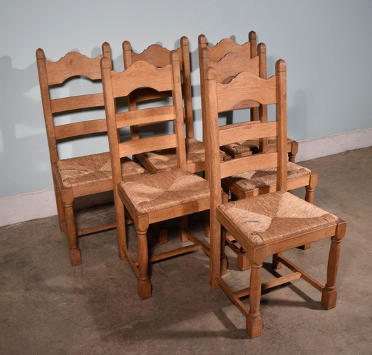 Set Of 6 Vintage French Solid Oak Ladder Back Dining Room Chairs W/Rush Seats