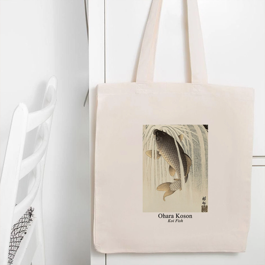 Mzshop - 100% Cotton Tote Bag Koson Koi Fish Japanese Art Print Reusable Beach Environment Friendly