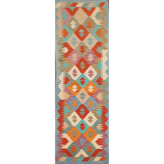 Multi-Color Geometric Kilim Oriental Runner Rug Hand-woven Wool Carpet - 2'8"x 9'7"