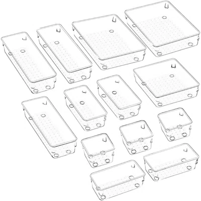 13PCS Clear Drawer Organizers Set Plastic Drawer Storage Trays 5 Different Sizes Desk Drawer Dividers For Kitchen Flatware, Makeup,Office And Bathroom