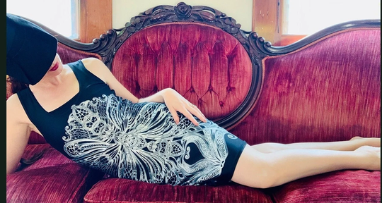 Filigree Art Nouveau Mini Dress By Fox Savant - Body Con Black White Cap Sleeve Pencil Skirt