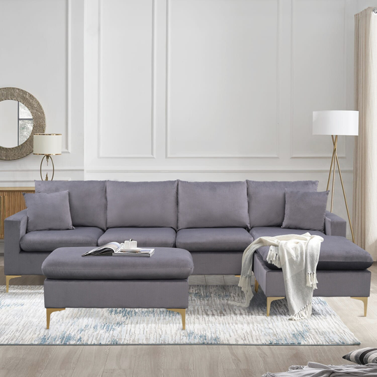 L-Shape Sectional Sofa with Ottoman and 2 Pillows,Velvet Upholstered,Cream/Grey