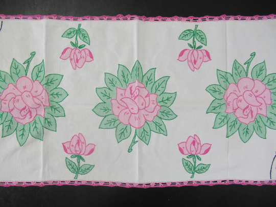 Vintage Pink Roses Embroidered Table Runner, Cotton, Crocheted Trim, Doily, Dresser Scarf
