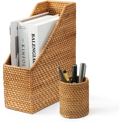 Rattan Magazine File Holder and Pen Cup Bundle