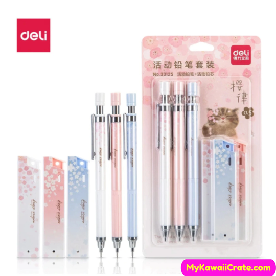 6 Pc Set Japanese Sakura Cherry Blossoms Mechanical Pencil & Lead Refills ~ Cute Set, Stationery Writing School Supplies