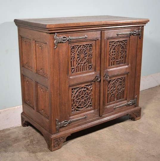 Vintage French Gothic Revival Sideboard/ Cabinet/ Console in Solid Oak