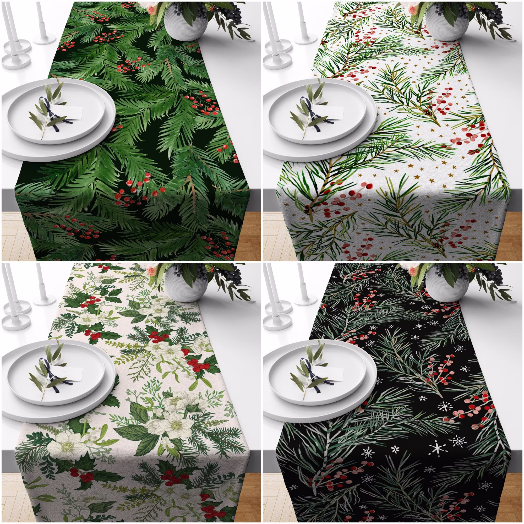 Christmas Table Runners|Winter Trend Runner|Green Leaves & Red Berries Home Decor|Green Coniferous On Black Background Tablecloth