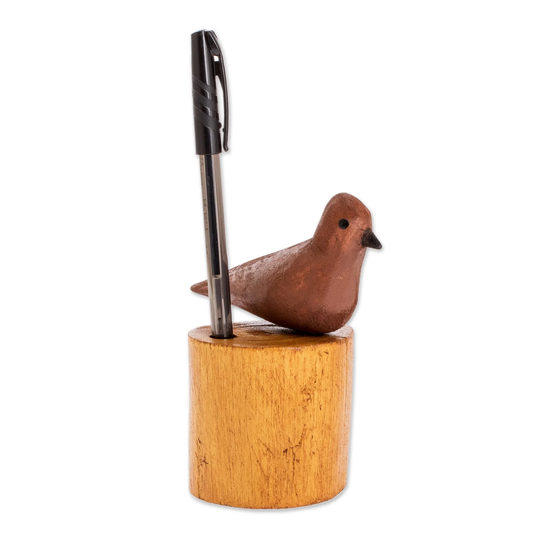 Novica Handmade Clay Colored Thrush Wood Pencil Holder