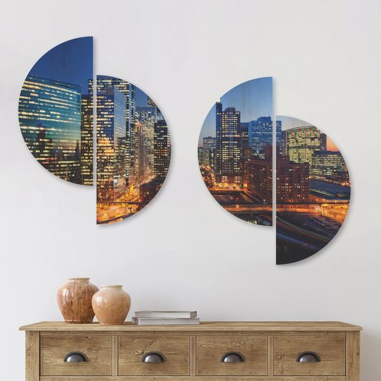Designart 'Chicago River with Bridges at Sunset' Cityscape Wood Wall Art Set of 4 Half Circles - Multi-Color
