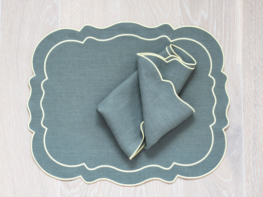 Seafoam Green Linen Scalloped Table Mats With Double Pastel Yellow Trim For Decor 15x18'' Size