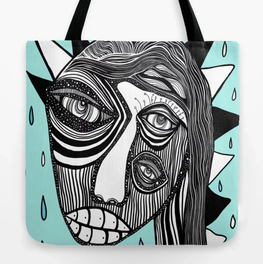 Blue Reusable Tote Bag Large Face Big Eyes On Washable Durable Strong Canvas Fun Unusual Abstract Art School Gym Beach Grocery Bags