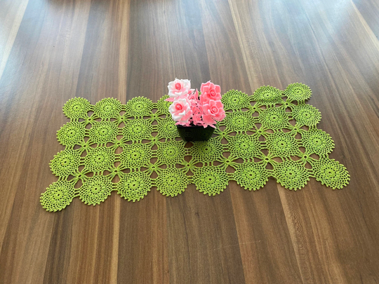 Green Lace Tablecloth, Vintage Table Cover, Wall Decor, Textile, Hand Knitted Coffee Table Or Tablecloth With Cotton Rope