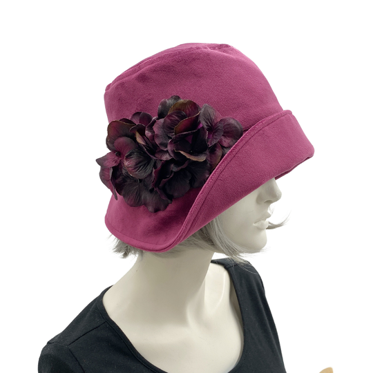 Velvet Cloche Hat, Winter Fashion With Hydrangea Flower Brooch, Raspberry Hats Women, Made in Usa