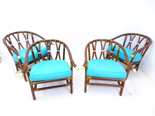 John Wisner For Ficks Reed Far Horizons Mid Century Set Of 4 Bamboo & Brass Lounge Chairs
