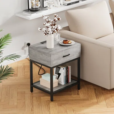Nightstand-Bedside Table With Charging Station Type-C&USB Ports, Modern End Table With 1-Drawer Storage Cabinet, Side Table For Bedroom Living Room (R