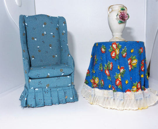 Vintage Dollhouse Chair & Side Table With Vase