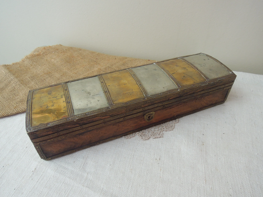 Antique Wood Pencil Box/Brass Silver Overlay Wooden & Accented