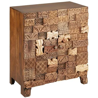 36 Inch Rustic Hand Carved Stacked Wood Blocks 2 Doors Sideboard Cabinet