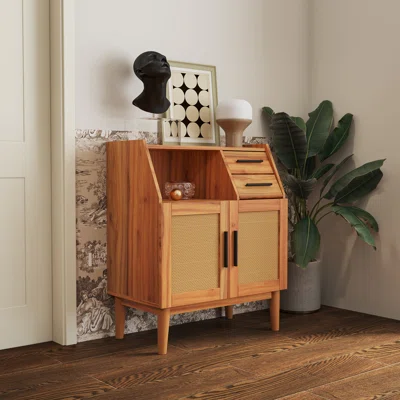 Farmhouse Sideboard Buffet With Rattan Doors And Drawers,vintage Accent Storage Cabinet With Adjustable Storage Shelves For Hallway, Entryway, Dining