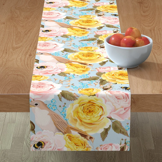 Elegant Floral Table Runner - Spring Blue By Nouveau Design Vintage Pink Peonies Cotton Sateen Spoonflower