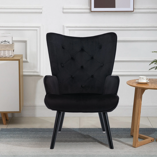 Leisure Accent chair with Black Velvet Fabric, and Backrest with Diamond Pattern and Button Decorate for Living Room