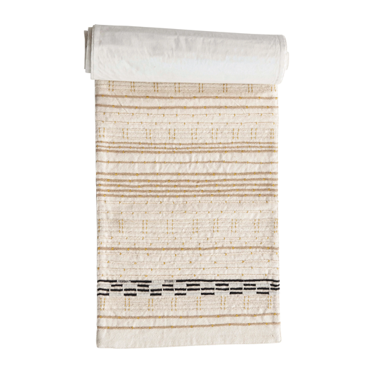 Cotton Embroidered Table Runner with Gold Metallic Stitching, Multi Color