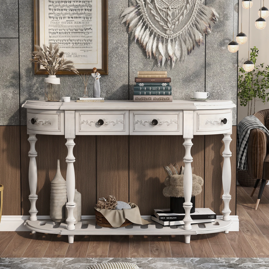 55" Modern and Contemporary Curved Console Table Sofa Table, Entryway Table with 4 Drawers & a Shelf for Hallway Living Room