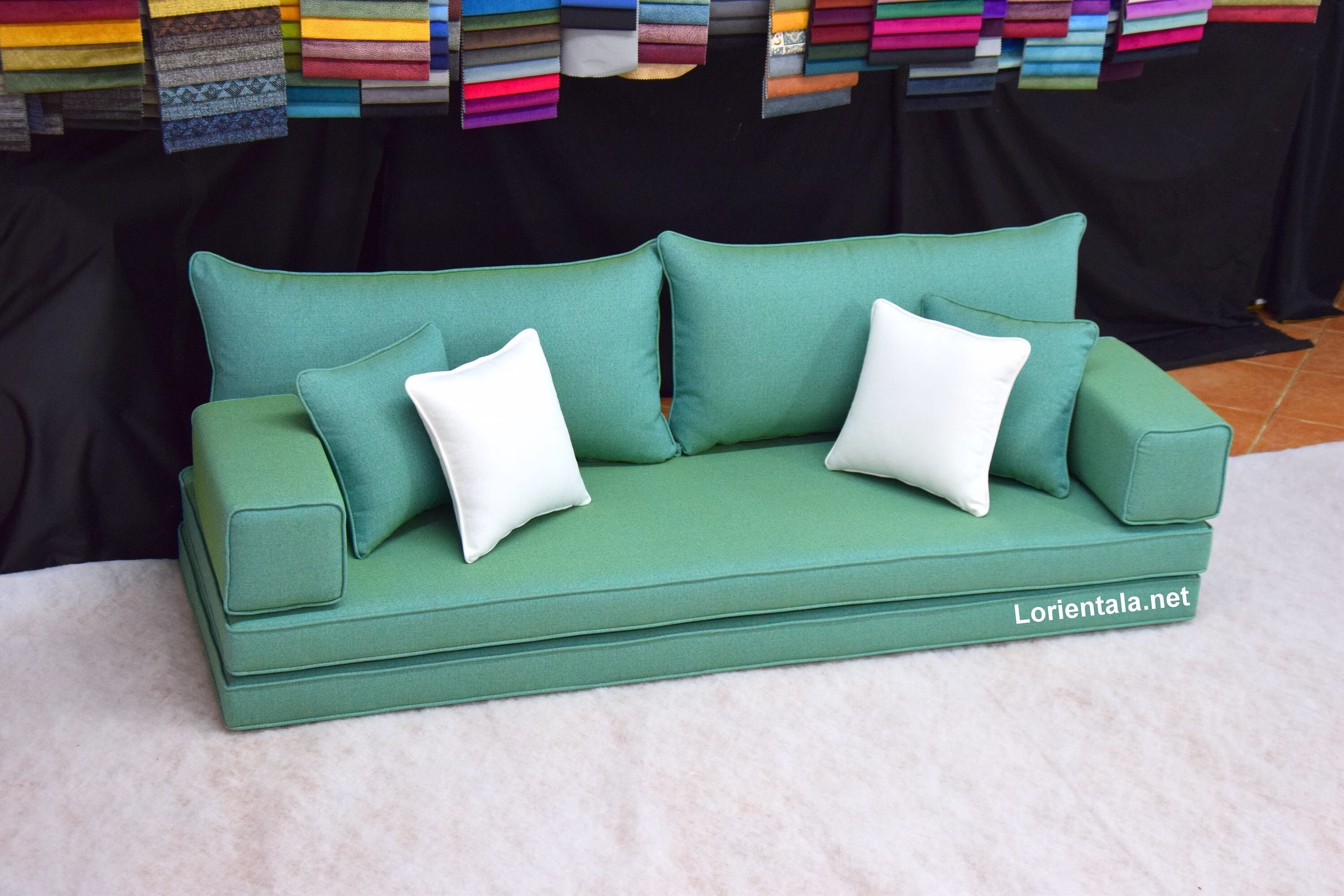 Green Floor Sofa, 8'' Thick Linen Seating Living Room, Turkish Decor, Oriental Moroccan Set Cushions, Japanese Seat, Home Furniture Fabric Couch