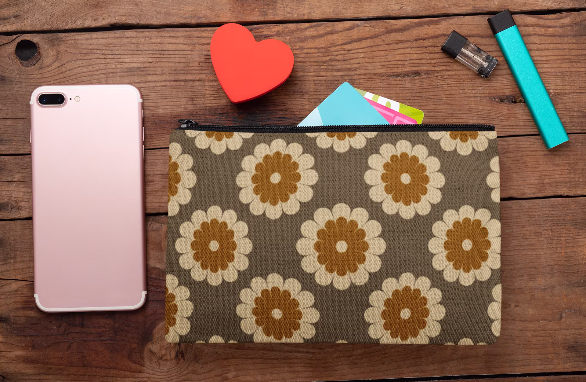 Vintage Polyester Floral Print Accessory Pouch W T-Bottom, Cosmetic Bag, Small Travel Pencil Bag For Women