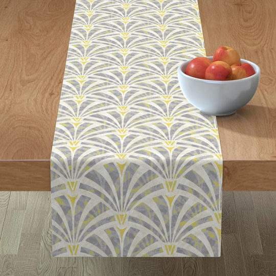 Art Deco Table Runner - Fan Gray Yellow By Wren Leyland Palm Faux Marble Scallop Arch Cotton Sateen Spoonflower