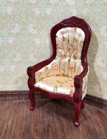 Dollhouse Chair Victorian Style Gold Floral Print 112 Scale Miniature Mahogany Finish