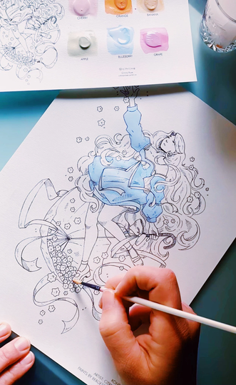 Konpeito | Six-Color Pastel Watercolor Coloring Page Kit With Paints 8.5x11"