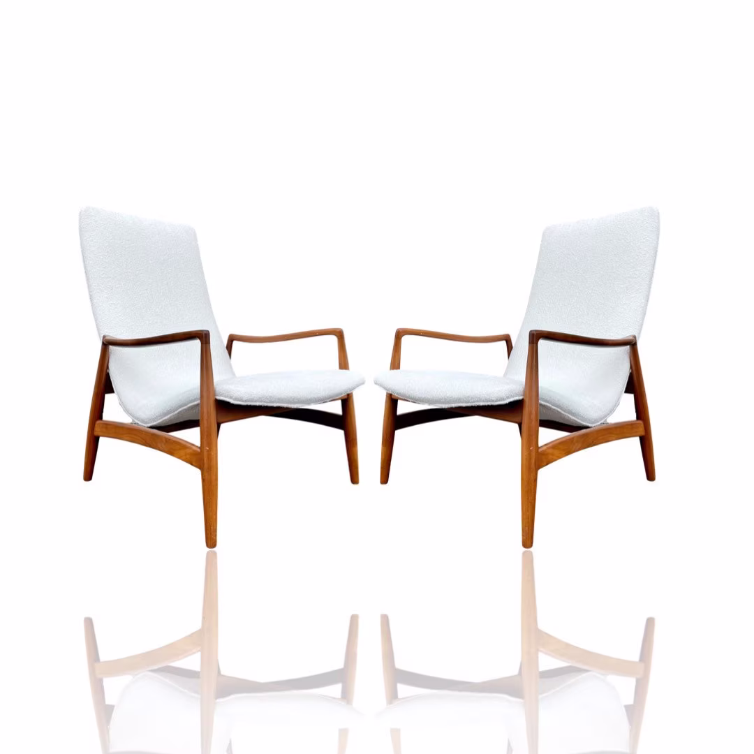 Midcentury Modern Highback Lounge Chair Pair in Boucle