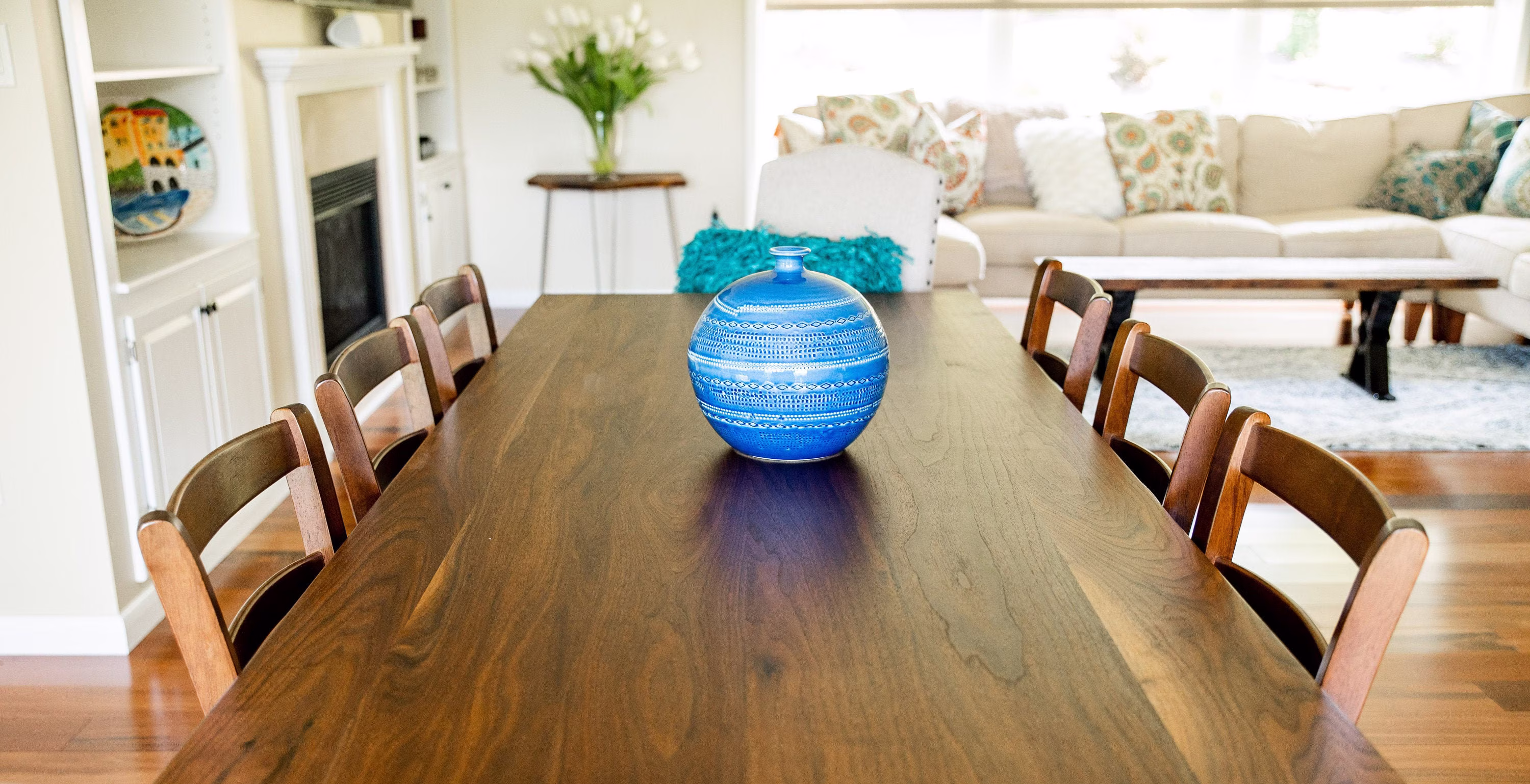 Walnut Wood Dining Table with H-Legs, Large Table, Long Family Kitchen Black H-Shaped Legs