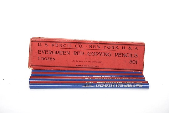 Vintage Pencils in Box, Blue & Red Colored Pencils, Collectible Us Pencil Co Evergreen Copying Made Czechoslovakia