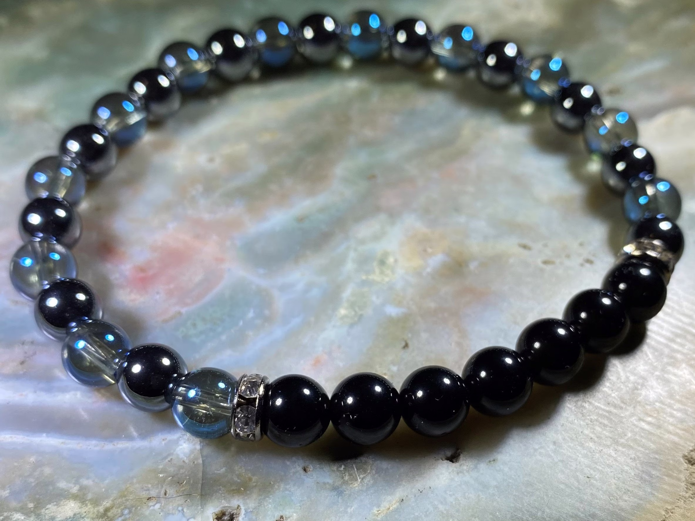 Black Tektite, Mystic Aura Quartz & Hematite Healing Stone Bracelet Or Anklet With Positive Energy
