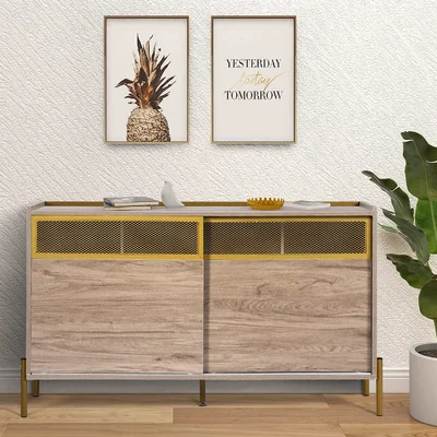 47" Modern White Sideboard Storage Cabinet With 2 Sliding Doors & 6 Shelves Buffet(White)