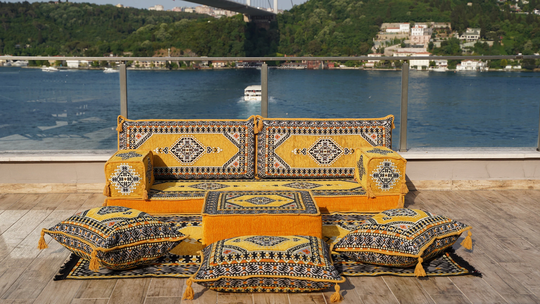 Yellow Turkish Floor Sofas, Ethnic Cushions, Terrace Garden Couches, Sofa Seating, Arabic Majlis, Moroccan Livingroom Couch